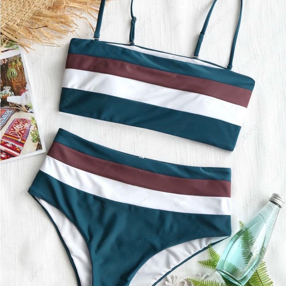 High-Waist Stripe Bikini Set - Teal, White & Brown